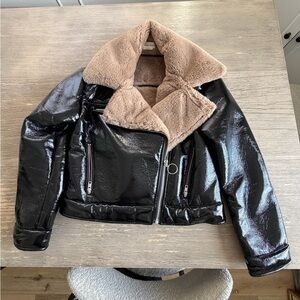 Lovers + Friends Shiny Black Leather Jacket with Plush Tan Collar